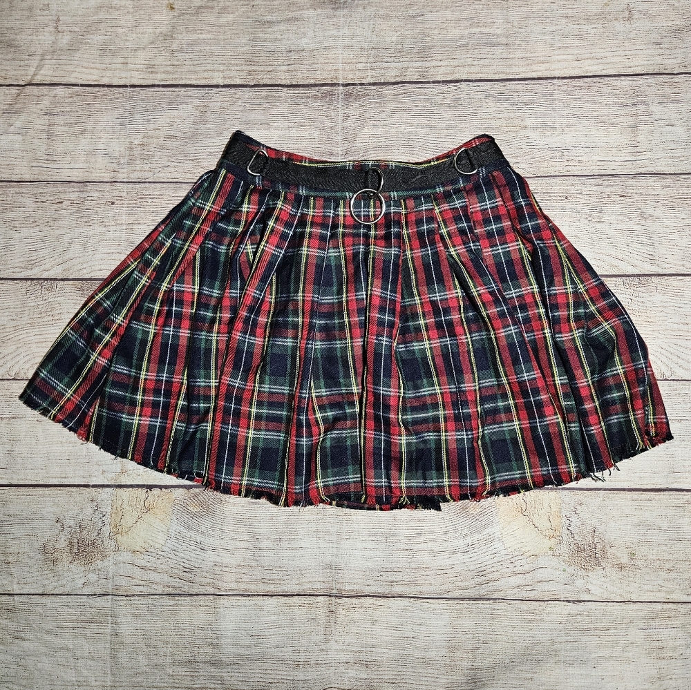 Dolls Kill Current Mood Crimson Dress Code O Ring Red Plaid Pleated Mini Skirt